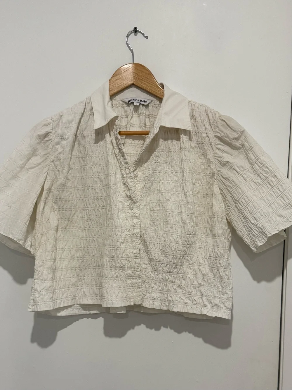 Veronica Beard Cream Textured Short-Sleeve Cropped Button-Up